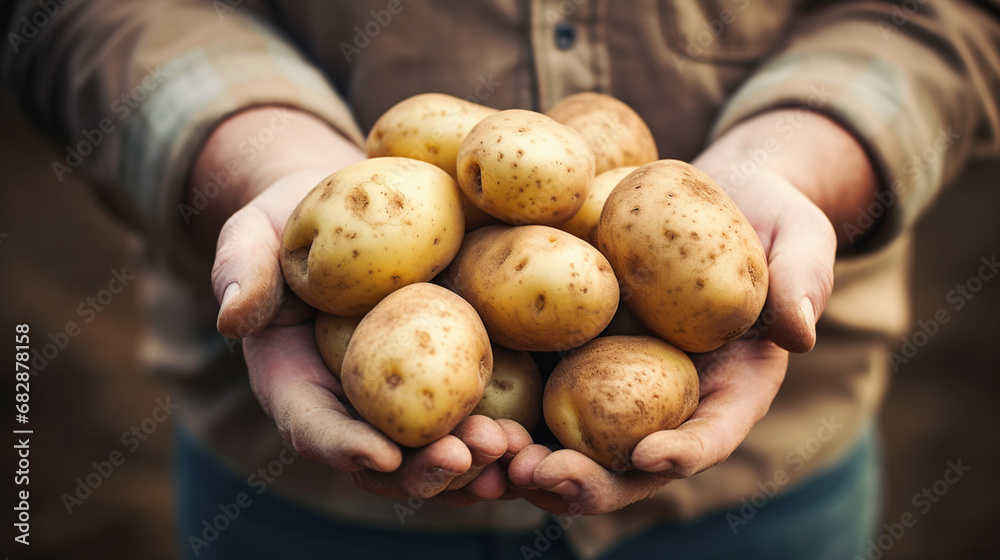 close-up of potatoes in hands. harvest on the farm.Generative AI close-up of potatoes in hands. harvest on the farm.Generative AI