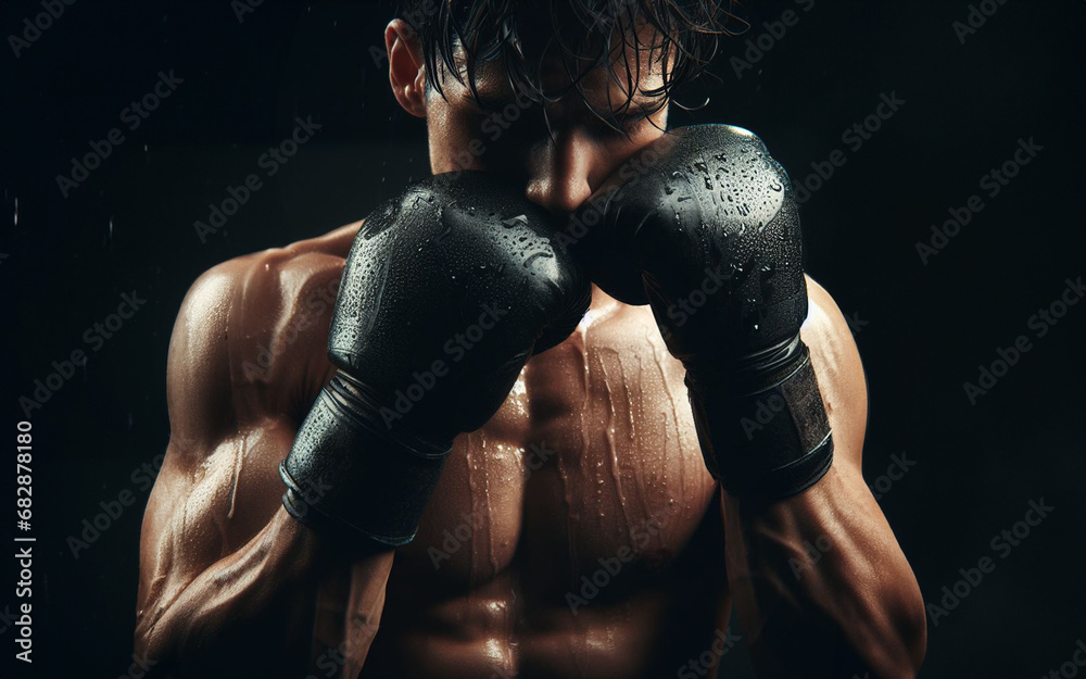 Male boxer wears boxing gloves and practices fighting hard sweating all over Powerful black background