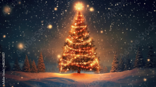 A beautifully adorned Christmas tree with a background of enchanting, twinkling lights.
