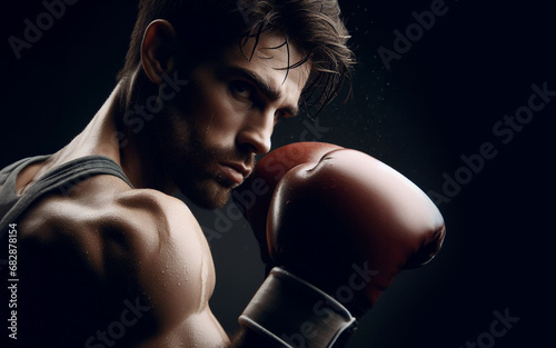 Male boxer wears boxing gloves and practices fighting hard Powerful black background