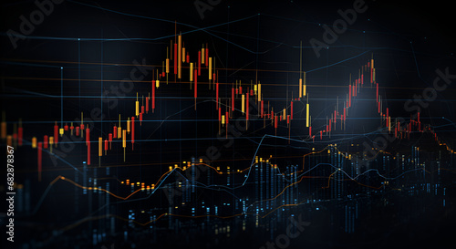 Finance illustration with dynamic abstract trading and data charts, dark theme