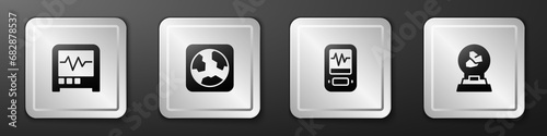 Set Seismograph, Earth globe, and Exhibition with minerals, rocks icon. Silver square button. Vector