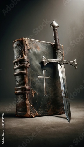 A realistic image of an old, weathered Bible placed next to a medieval sword. The Bible has a textured, aged cover, possibly leather-bound