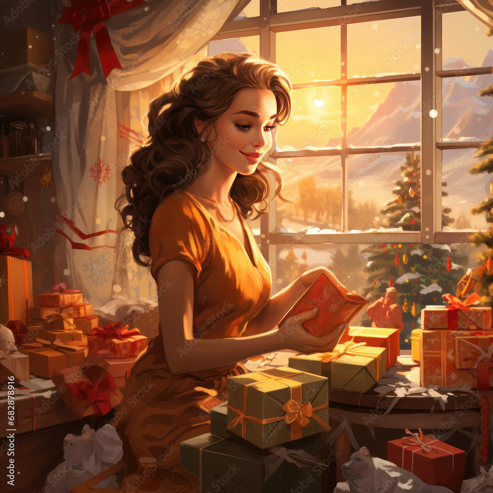 A cute girl is preparing or opening Christmas gifts in a beautifully decorated Christmas room. Happy New Year and Merry Christmas!
