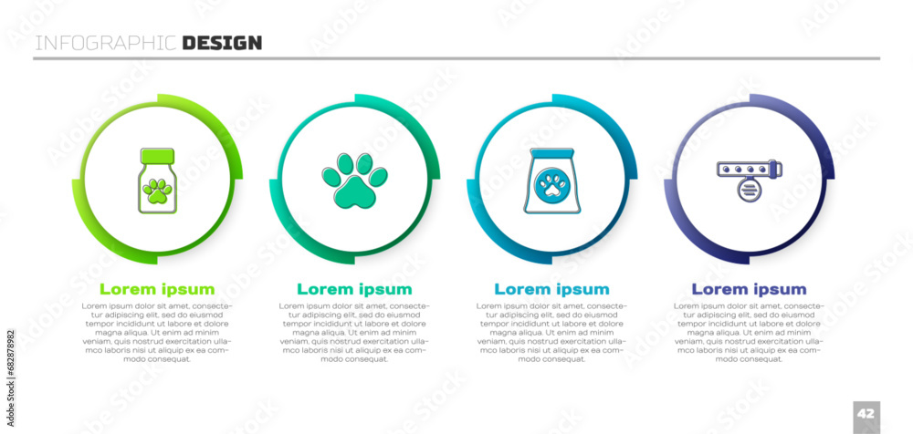 Set Medicine bottle and pills, Paw print, Bag of food for pet and Collar with name tag. Business infographic template. Vector Set Medicine bottle and pills, Paw print, Bag of food for pet and Collar with name tag. Business infographic template. Vector