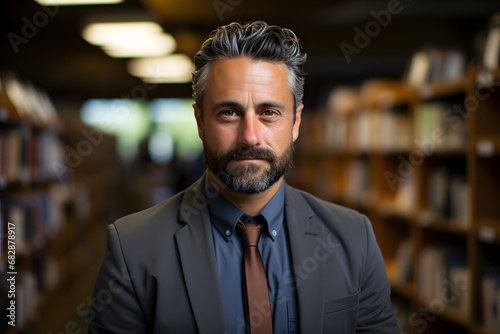 A focused portrait image of an Asian male librarian standing in the library with blur background