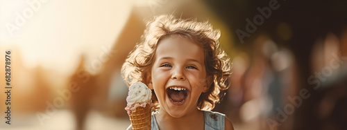 A cute baby child is eating delicious ice cream.Generative AI