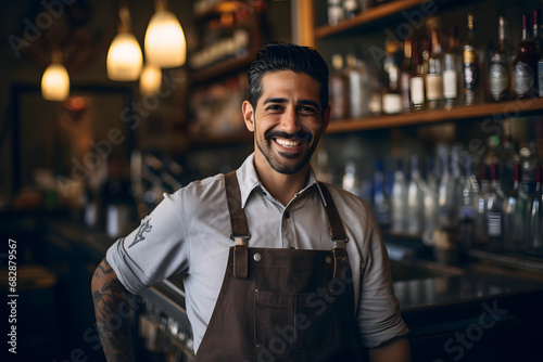 A happy laughing male bartender wearing apron working in the club looking in the camera having cups bottles glass in the shelf corner at the background and some glass lamps are hanging