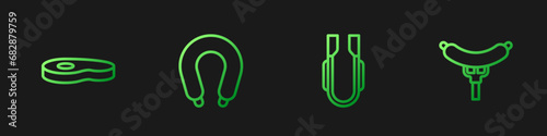 Set line Meat tongs, Steak meat, Sausage and the fork. Gradient color icons. Vector