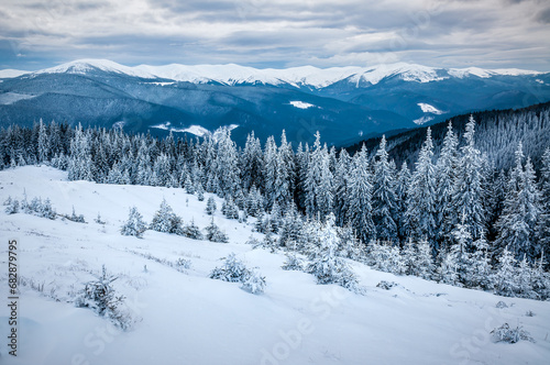 Beautiful winter landscape with mountains and snow covered trees under stormy clouds