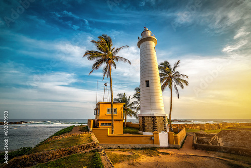 Famous Fort Galle lighthouse at sunset. Sri Lanka
