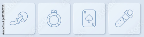 Set line Psilocybin mushroom, Playing cards, Magic stone ring with gem and Bottle potion. White square button. Vector