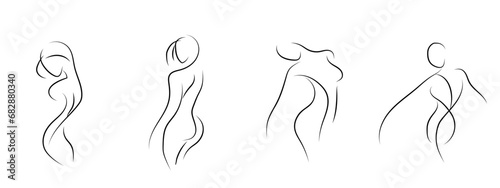 Elegant line art of erotic woman figure. Silhouette of a female in contemporary one-line style. Design element for cosmetics advertising, posters, wall art, and stickers. Vector illustration