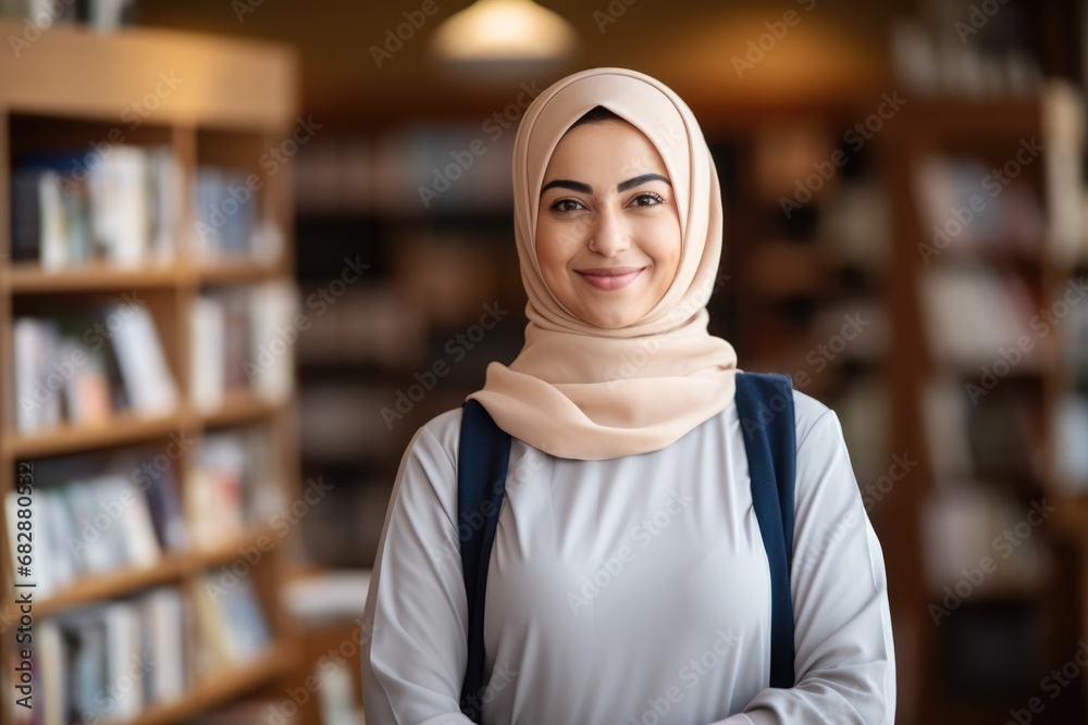 Portrait of a happy muslim female student in a library Portrait of a happy muslim female student in a library