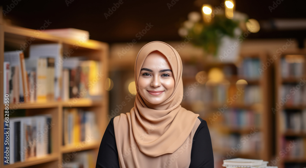 Portrait of arab female student in traditional headscarf in university library doing homework. Banner with copy space for text. Portrait of arab female student in traditional headscarf in university library doing homework. Banner with copy space for text.
