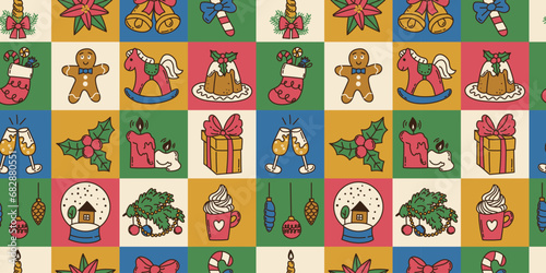 Colorful seamless pattern with doodle elements of Merry Christmas in shape square, hand drawn style and vintage colors. Toy horse, bells, cookies, gift box, candles. For textile, wrapper, background.