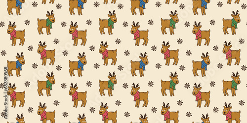 Fototapeta Naklejka Na Ścianę i Meble -  Colorful seamless pattern with doodle elements of Merry Christmas in hand drawn style and vintage colors. Deer in scarf and snowflakes. For textile, wrapper, background.