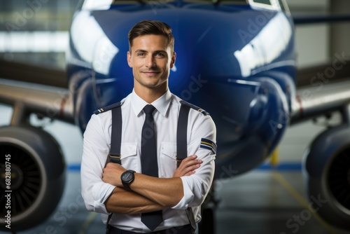 Portrait of smiling pilot standing with arms crossed in front of airplane