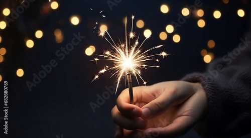New Year's sparkler at night in a hands. Holiday christmas background created with generative ai