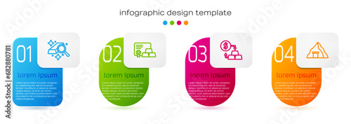Set line Gold bars, with certificate, exchange money and mine. Business infographic template. Vector