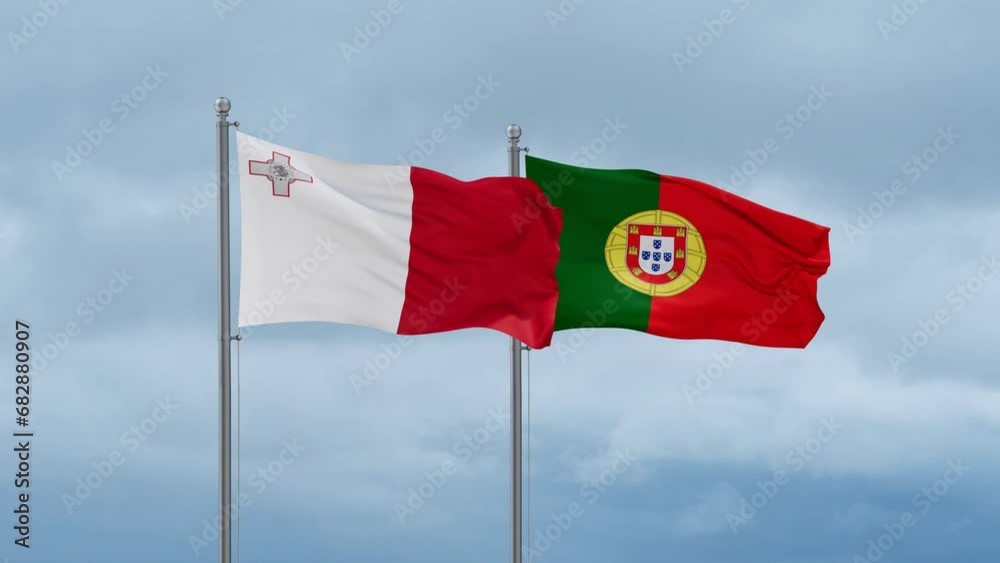 Portugal and Malta flag waving together on cloudy sky, endless seamless loop, two country cooperation concept Portugal and Malta flag waving together on cloudy sky, endless seamless loop, two country cooperation concept