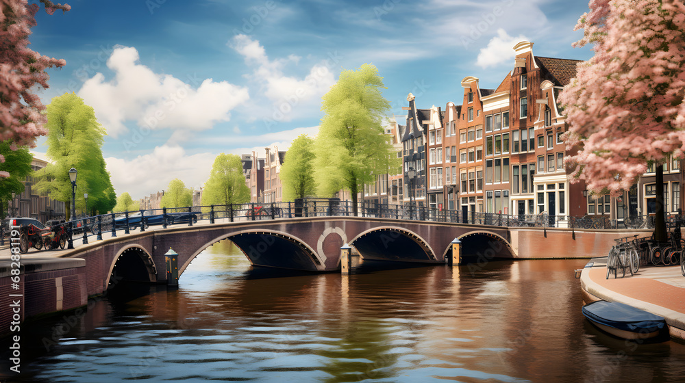 Fototapeta premium The charming canals of Amsterdam, lined with historic houses and picturesque bridges. Ai Generated.NO.01