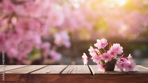 Wooden Table in Sakura Flower Park - Outdoor Picnic Serenity