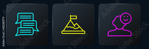 Set line Online psychological counseling, Good mood and Mountains with flag on top. Black square button. Vector