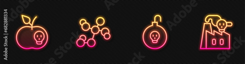 Set line Nuclear bomb, Poison apple, Chemical formula and Smoke from factory. Glowing neon icon. Vector