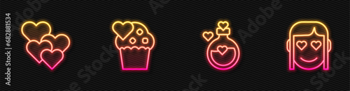 Set line Bottle with love potion, Heart, Wedding cake and Romantic girl. Glowing neon icon. Vector