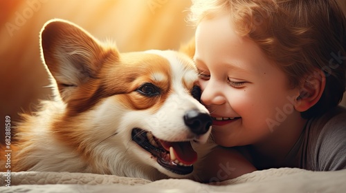 Cute little boy and corgi pet dog cuddle together