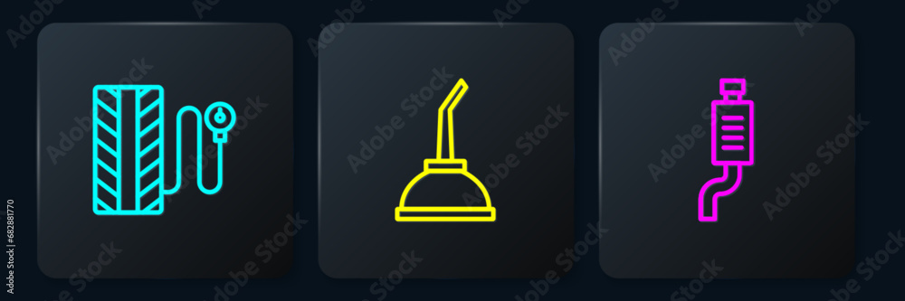 Set line Tire pressure gauge, Car muffler and Canister for motor machine oil. Black square button. Vector Set line Tire pressure gauge, Car muffler and Canister for motor machine oil. Black square button. Vector