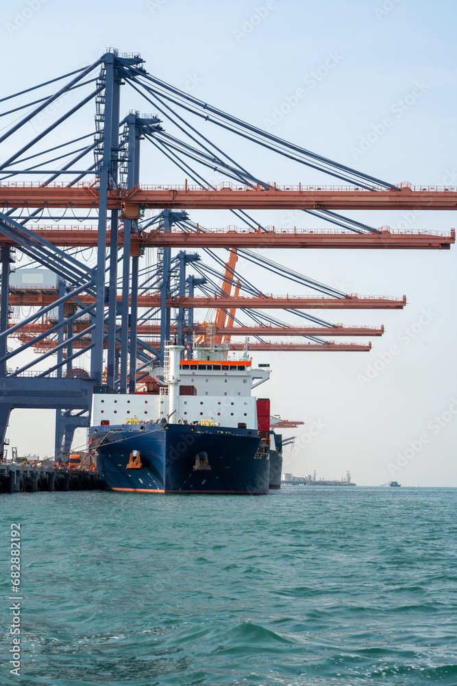 crane loading cargo container from truck to container ship in the international terminal logistic sea port concept freight shipping by ship, webinar banner forwarder mast.