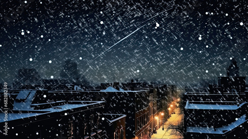Falling snowflakes against a dark night sky