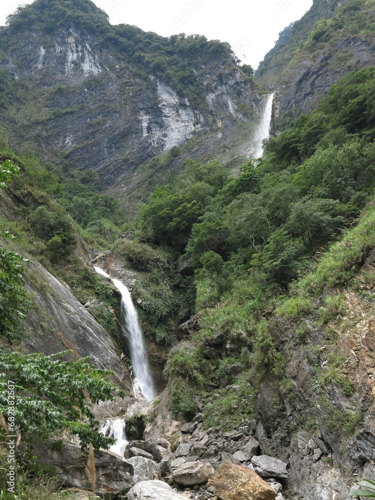 Two waterfalls on the mountain in Taroko Gorge in Hualien, city in Taiwan.