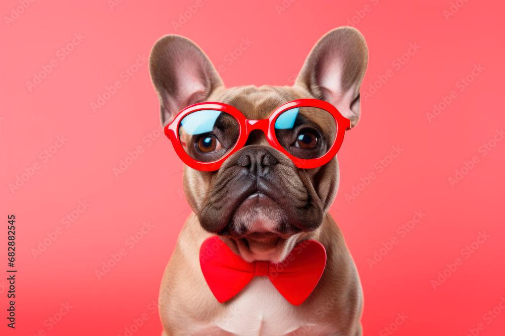 funny and cute french bulldog in glasses on red studio background