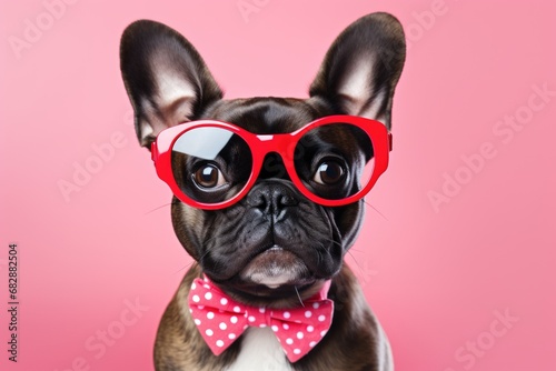 funny and cute french bulldog in glasses on pink studio background