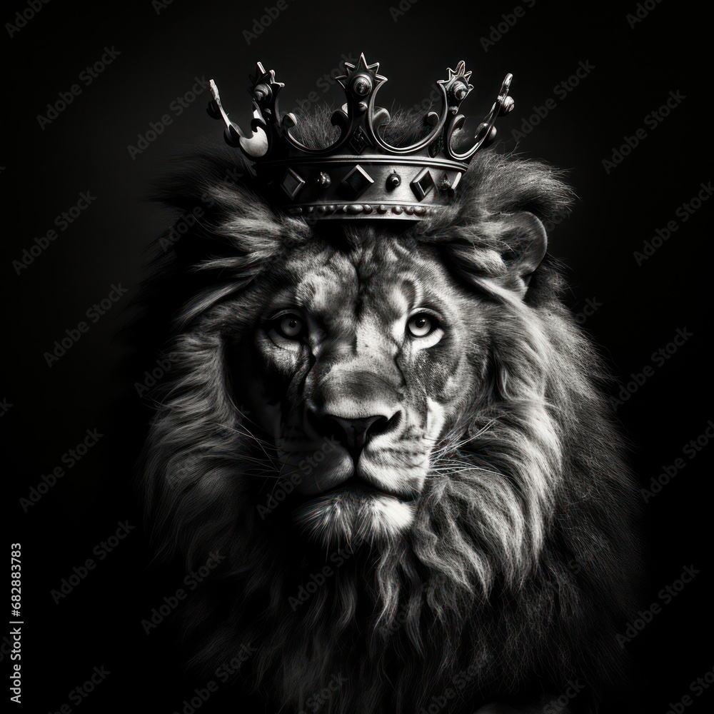 Black and white photography of a lion king with a crown, generated with AI