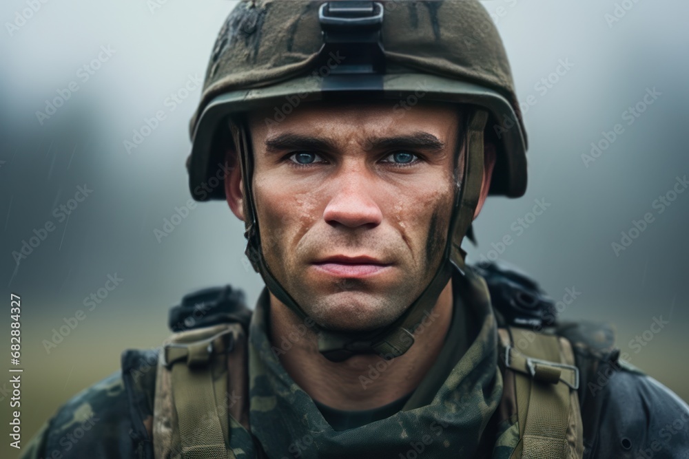 Soldier in helmet and military uniform at war, stern look. Portrait of army soldier in ranks. Close up. Copy space.