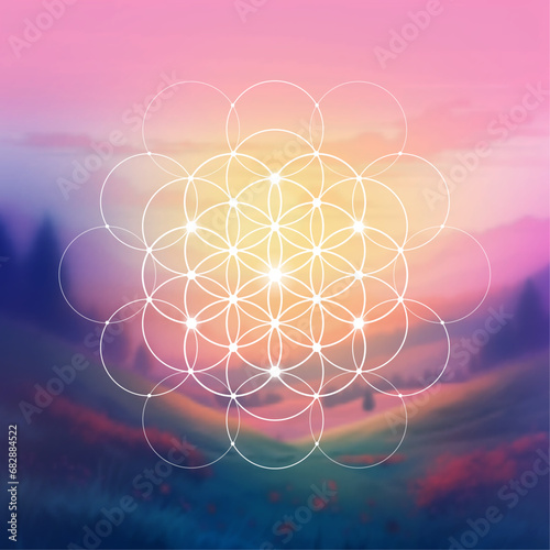 Flower of life. Tree of life. Sacred geometry spiritual new age futuristic illustration with transmutation interlocking circles, triangles and glowing particles