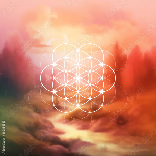 Flower of life. Tree of life. Sacred geometry spiritual new age futuristic illustration with transmutation interlocking circles, triangles and glowing particles