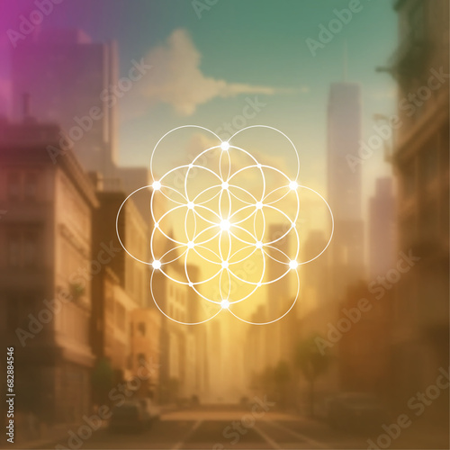 Flower of life. Tree of life. Sacred geometry spiritual new age futuristic illustration with transmutation interlocking circles, triangles and glowing particles