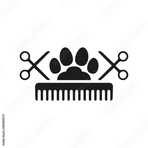 Dog and cat grooming logo design template. Paw print with comb and scissors. Vector clipart and drawing. Isolated illustration on white background.