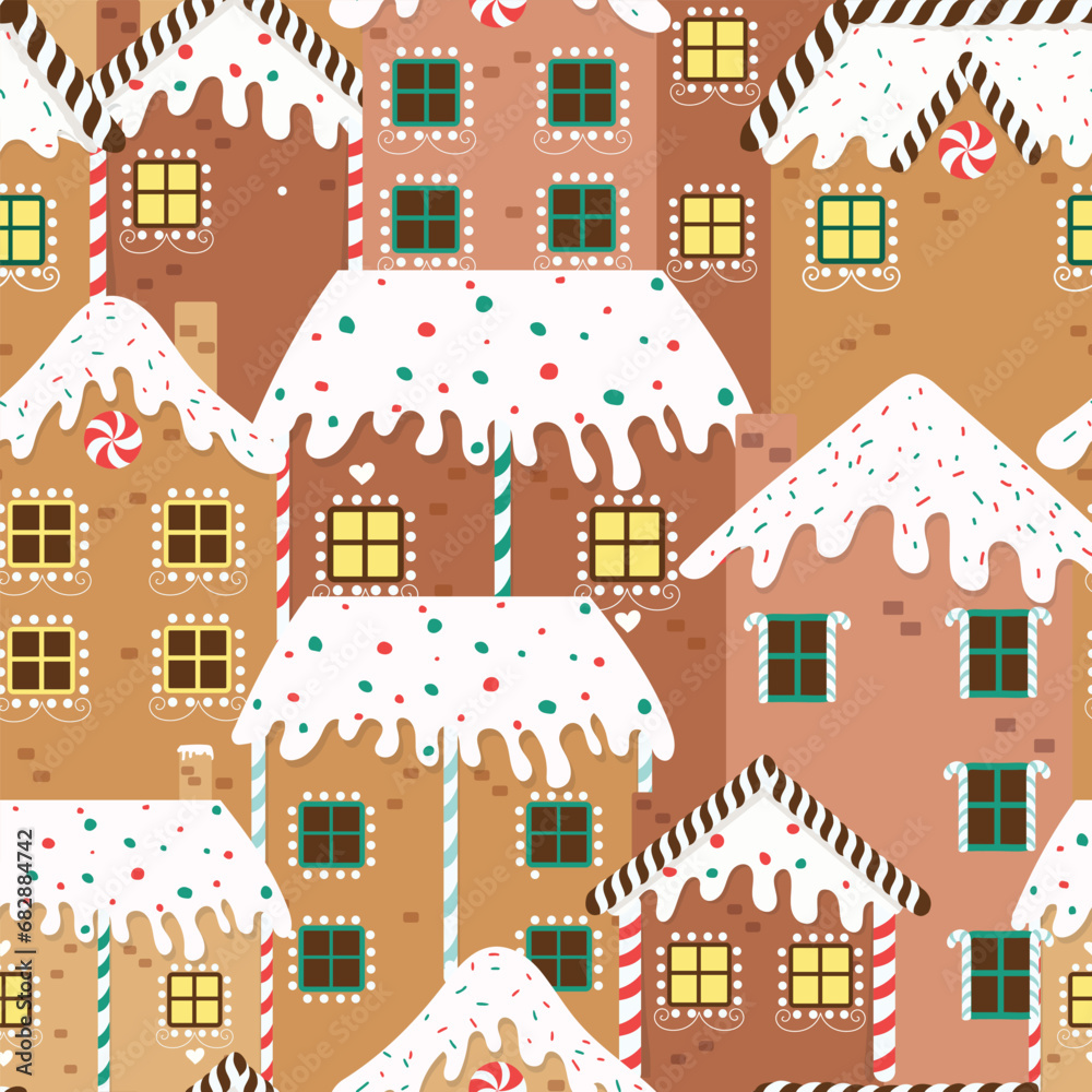 Gingerbread houses seamless pattern. vector illustration for winter holidays. Gingerbread house day