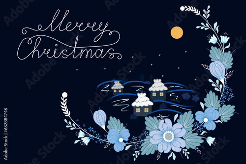 Horizontal Christmas card in blue colors. Hand drawn lettering phrase Merry Christmas. photo