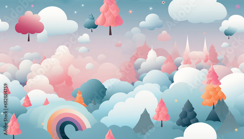 Unicorn design pattern landscape fantasy. Seamless kids princess style and unicorn illustration background pattern photo