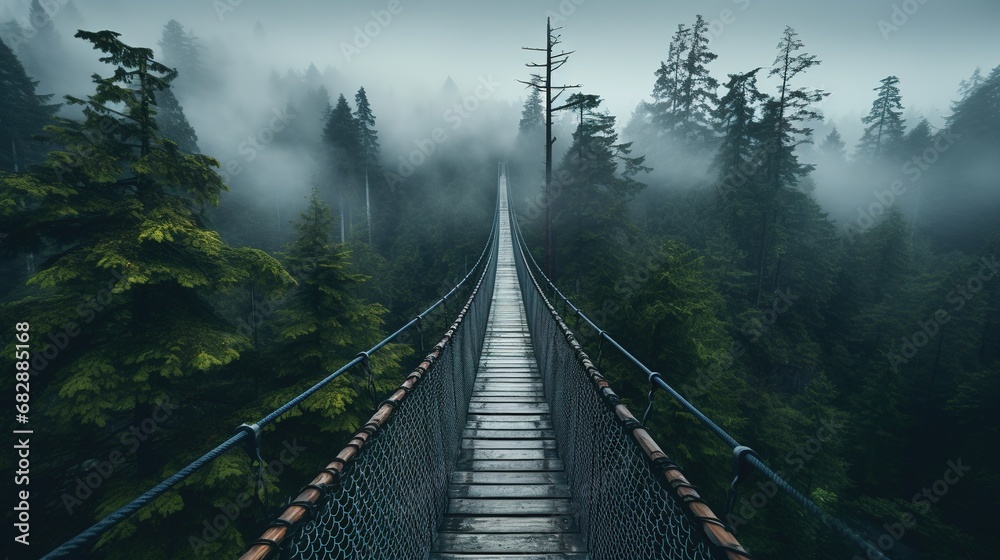 Generative AI, treetop boarding bridge on misty fir forest beautiful landscape in hipster vintage retro style, foggy mountains and trees... - obrazy, fototapety, plakaty 