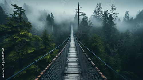 Generative AI, treetop boarding bridge on misty fir forest beautiful landscape in hipster vintage retro style, foggy mountains and trees... photo