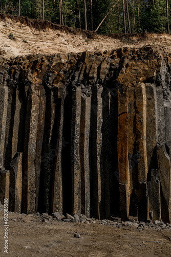 Summer Basalt Pillars Geological Reserve and basalt guarry near Basaltove lake  Kostopil district of Rivne region  Ukraine