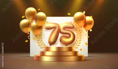 Canvas Print Anniversary of Birthday, number 75 on the podium with golden balloons
